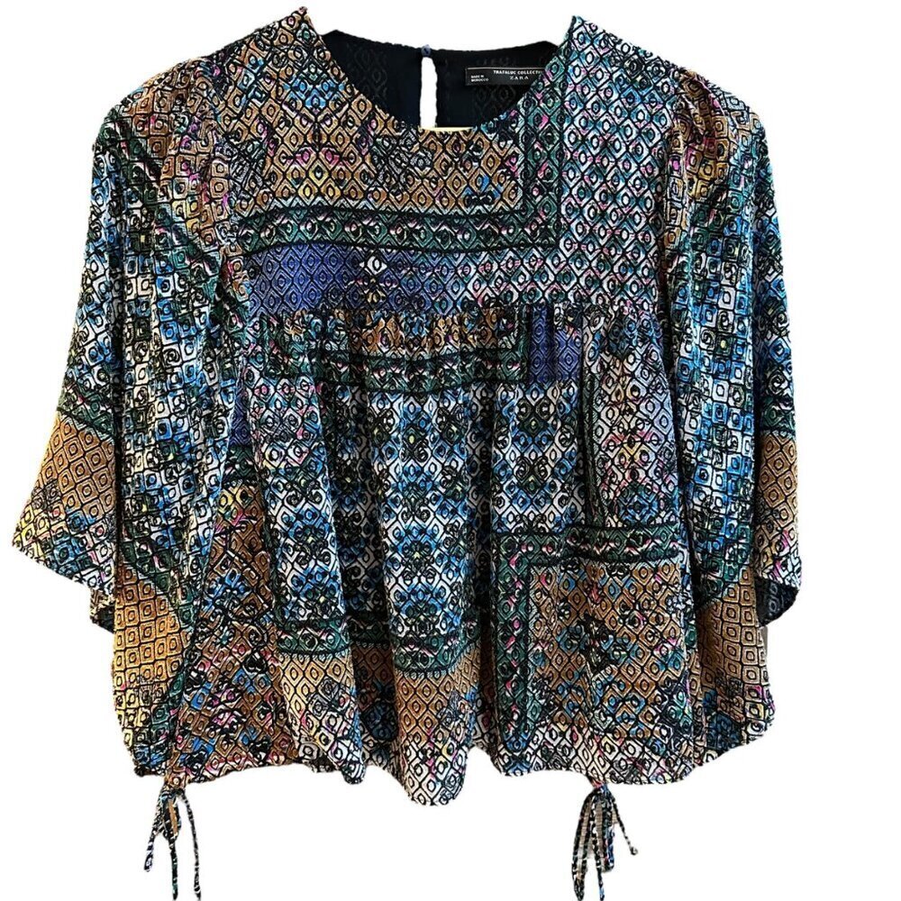 Zara Trafaluc‎ Top Blouse Geometric Patterned Keyhole Back Tie Details Medium